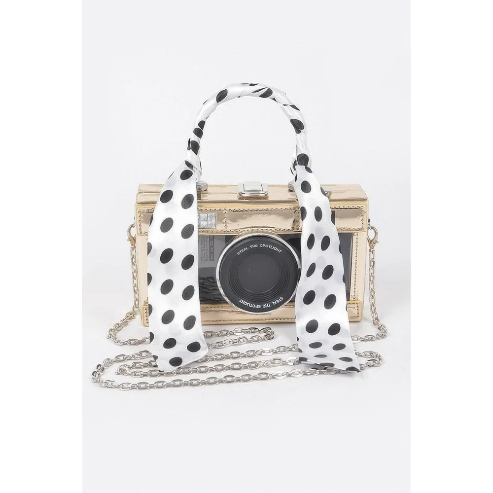 Gold Camera Novelty Box Clutch Crossbody Bag with Polka Dot Scarf‎ Handle